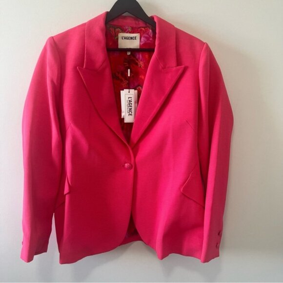 NWT L'AGENCE CHAMBERLAIN BLAZER IN CORAL FUCHSIA with BUTTERFLY lining Size 16 - Picture 4 of 12